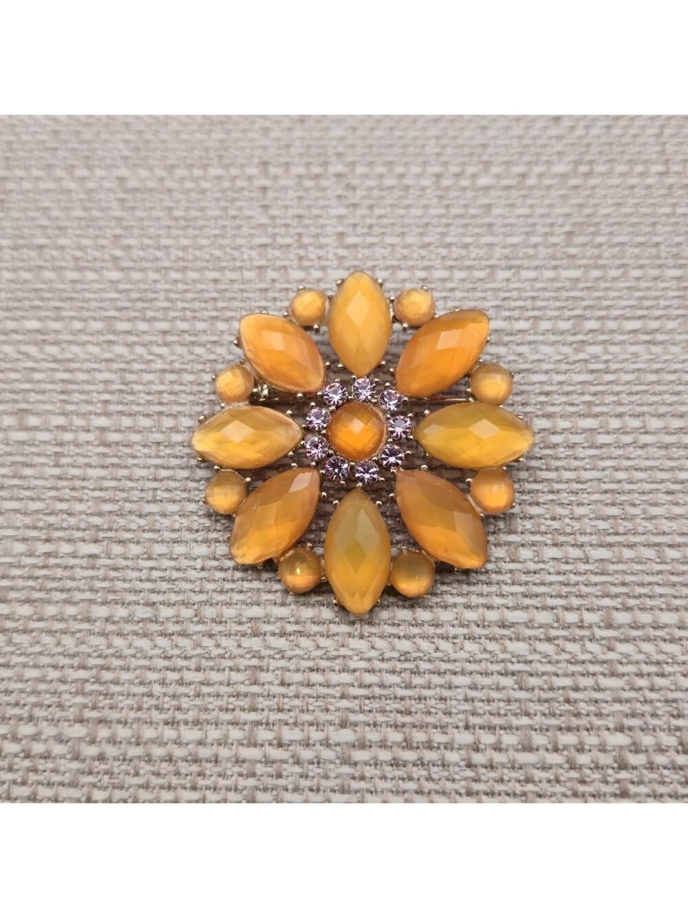 Vintage Orange Marquise Rhinestone Flower Brooch Pin B1599